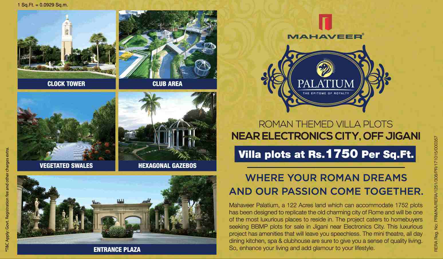 Book Roman Themed villa plots at Rs. 1750 per sqft. at Mahaveer Palatium in Bangalore